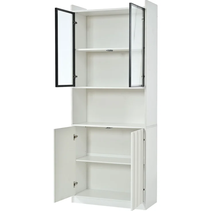 80x35x200cm LED Vitrine, Hochschrank mit Glasschranktüren, Hochschrank Glasvitrine mit LED und Offene Partition,Wohnzimmerschrank mit Glastüren, Küche, Arbeitszimmer, Eingangsbereich,Weiß – Bild 9