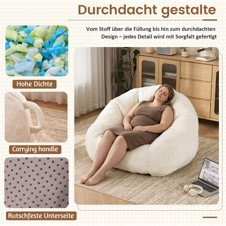Sitzsack für Erwachsene, flauschiger Loungesessel aus Kunstfell, vakuumverpackt und montagefrei, für Wohnzimmer, Schlafzimmer, Balkon - Groß(Cremefarben)--Weiß--111x123x75cm--YOUDENOVA – Bild 6