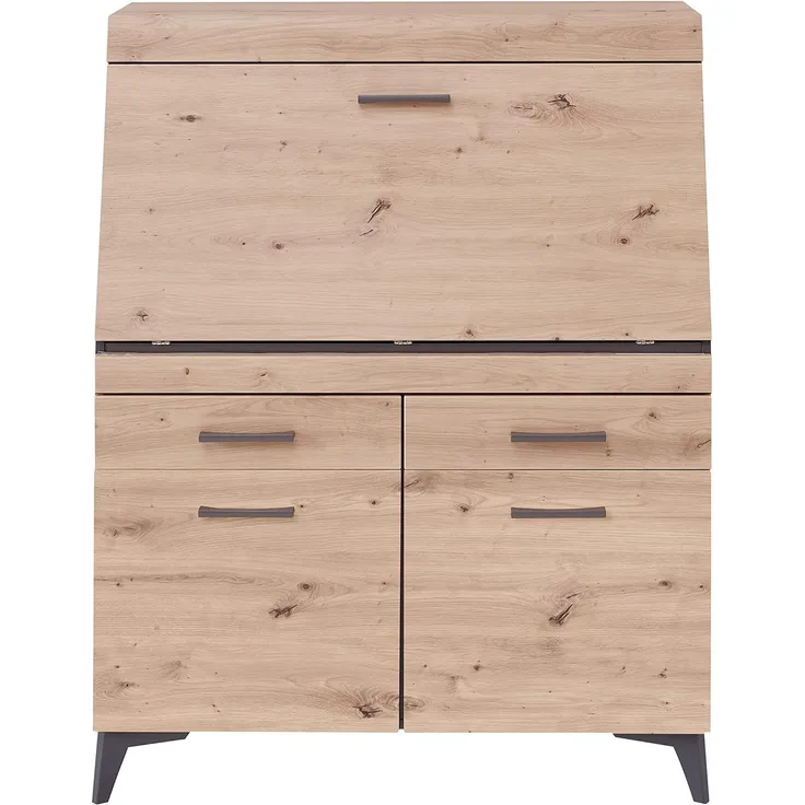 Stella Trading SECRET Sekretär Schreibtisch Kommode in Artisan Eiche Optik, Graphit - platzsparender Computertisch Schrank mit Schubladen - 98 x 124 x 42 cm (B/H/T)