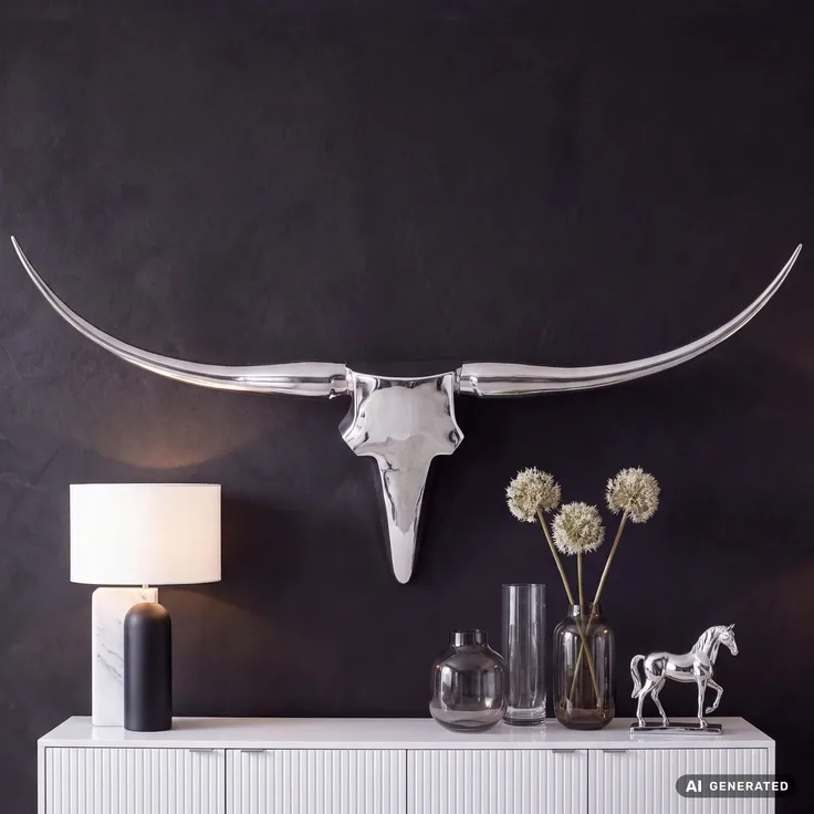 FINEBUY Wanddekoobjekt FB37874 (Deko Hirschgeweih Aluminium 125 cm Silber modern), Wanddeko Metall Design Hirschkopf Geweih Wand groß