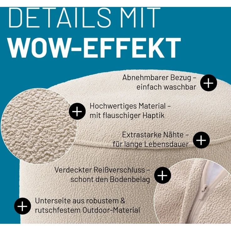 Lumaland Pouf Sitzsack Pouf Teddy 50L, Indoor-Bezug - weich waschbar - perfekt fürs moderne Zuhause – Bild 7