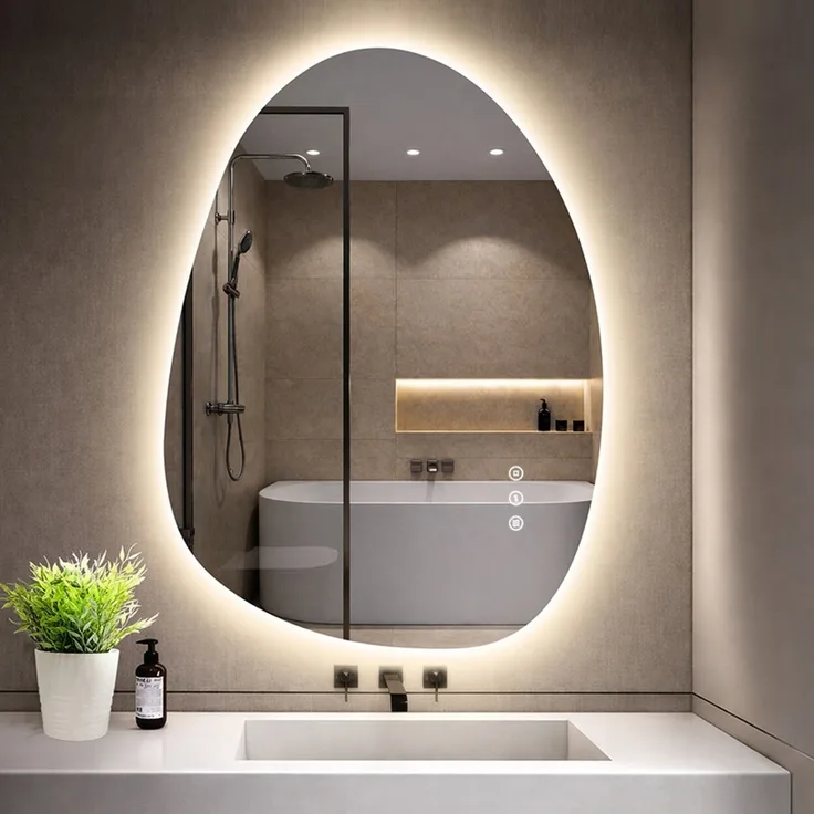 GIMBELEN LED Badezimmerspiegel 83x60 cm, asymmetrischer Wandspiegel mit Beleuchtung, 3 Lichtfarben, dimmbar, Anti-Beschlag, Touch-Schalter, Memory-Funktion, IP44, horizontal/vertikal montierbar, Weiß