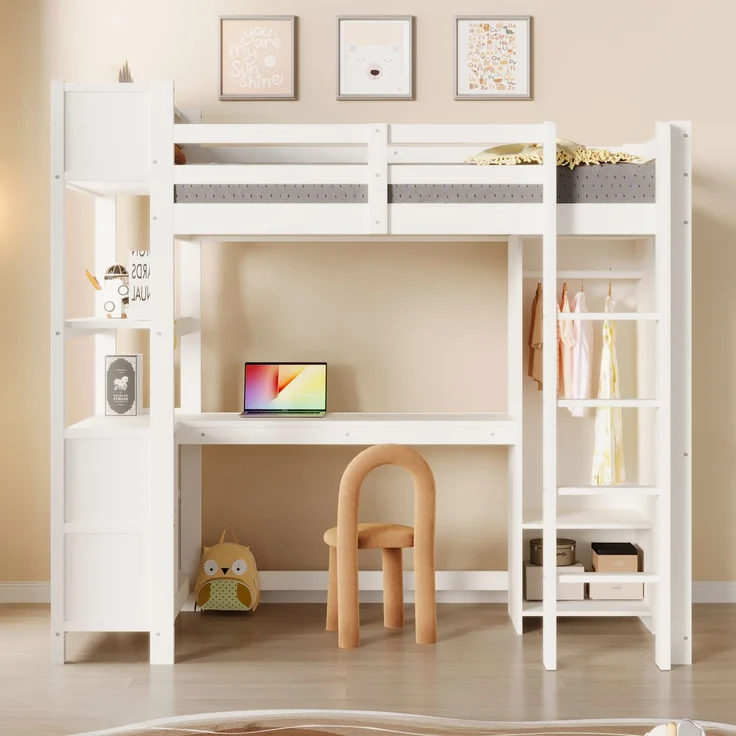 Merax Hochbett, Kinderbett 90x200 cm, mit Regale, mehrere Ablagefächer, Schreibtisch, Kleiderschrank, ohne Matratze, Weiß – Bild 3