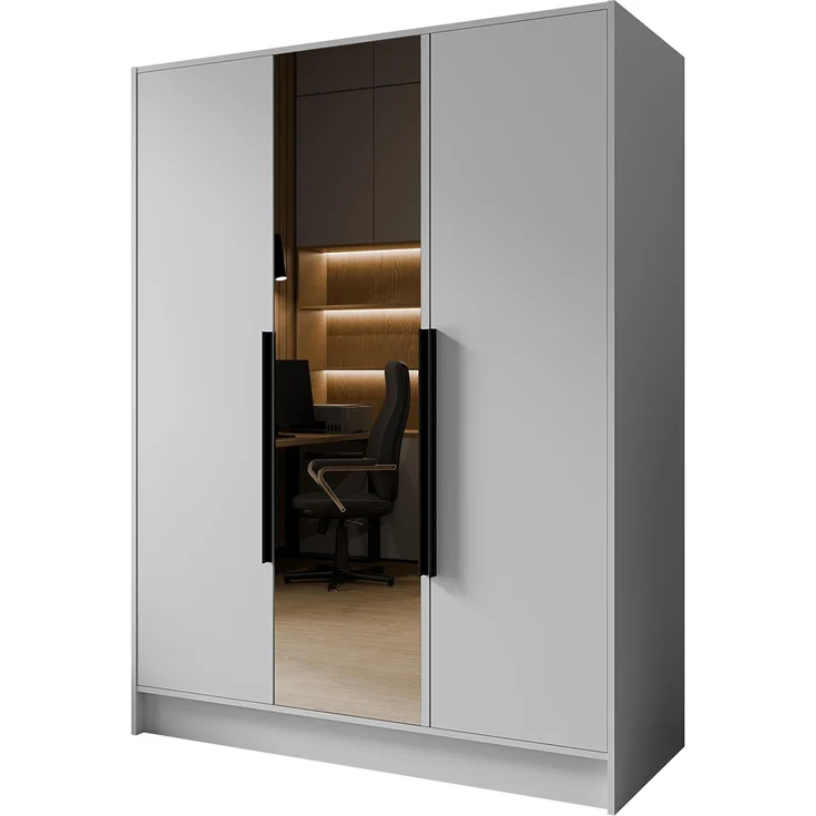 MEBLINI Kleiderschrank LUSINDA 150cm - Weiß Matt - mit schwarzen Griffen - Drehtürenschrank mit einem Spiegel - Kleiderstangen und Regalböden – Bild 1