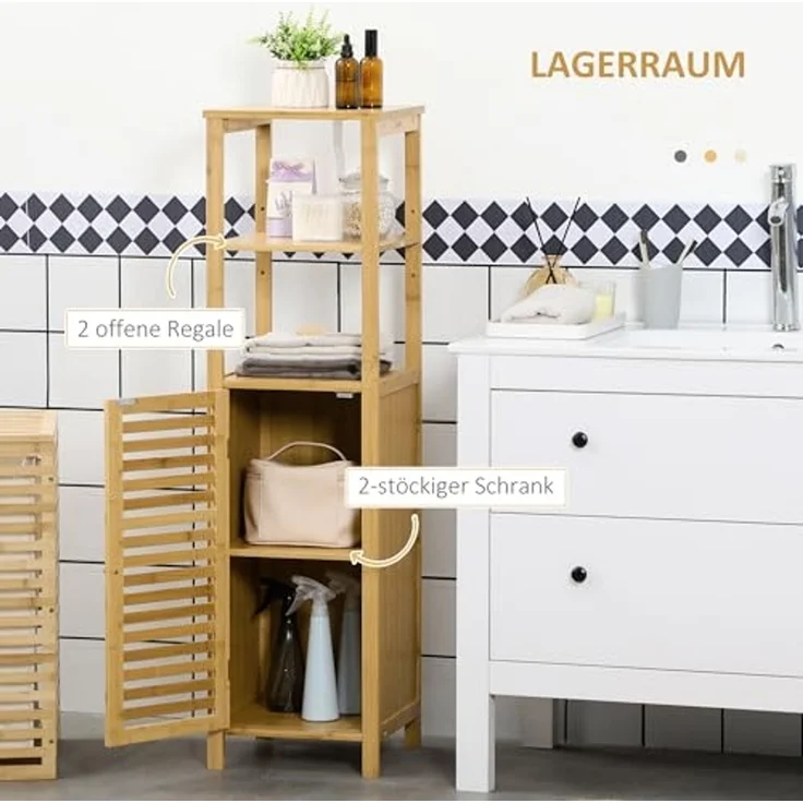 Kleankin Badkommode höhevestellbar, aus Bambus, mit Schrank, zwei offene Ablagen (Badezimmerschrank, 1 St, Badezimmermöbel), für Badezimmer, 33 x 30 x 120 cm Naturholz – Bild 4