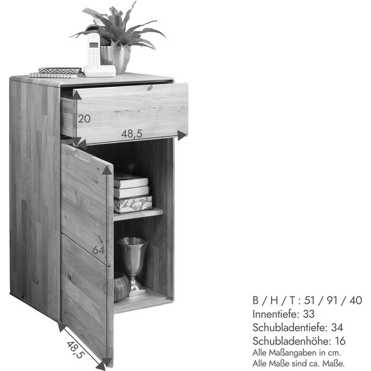 Hochkommode >KM-0663< 1 Tür, 1 Schub, 1 Boden, Kernbuche massiv geölt - 51x91x40cm (BxHxT) – Bild 4