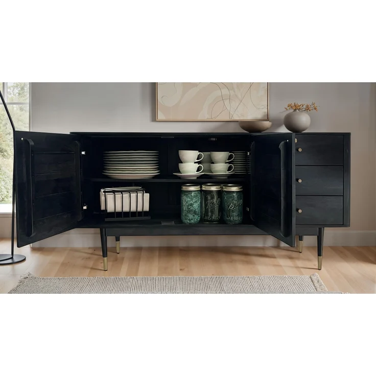 FineBuy Sideboard Akazie Massivholz 160 cm 2 Türen & 3 Schubladen - Massive Retro Kommode in Schwarz - Design Natur Anrichte - Handmade Industrial – Bild 4