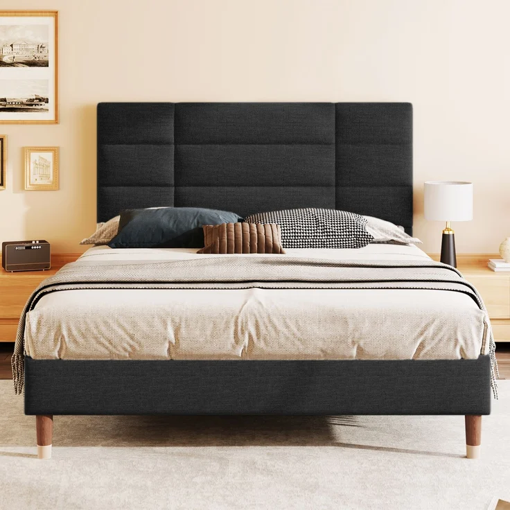 Polsterbett 140x200 cm Doppelbett mit Lattenrost und Kopfteil, Leinenbezug in Schwarz, für Erwachsene & Jugendliche – Bild 2