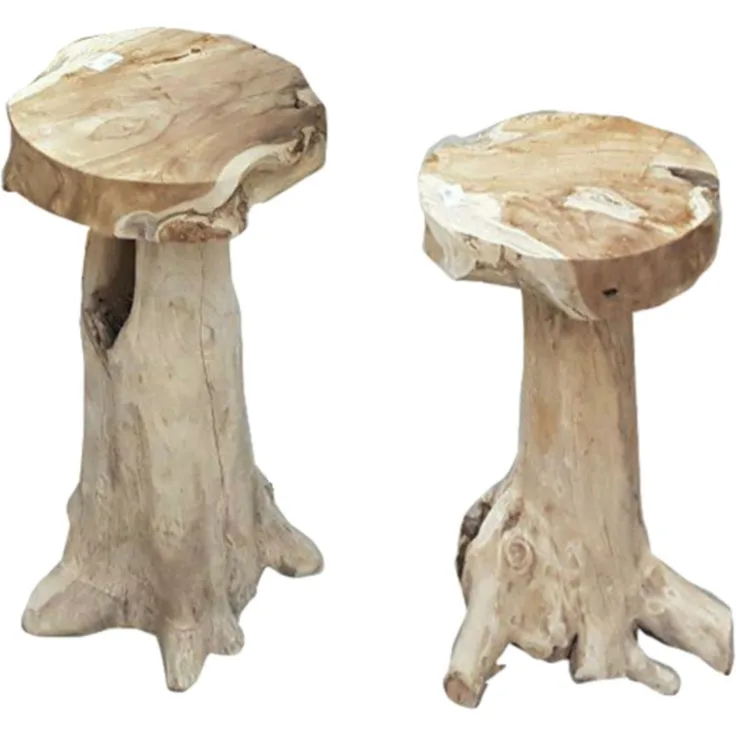 Barhocker JOEL 2er Set - Teak Natur 76 x 40 x 40 cm | Barstühle Baumstamm Vintage Hochstühle