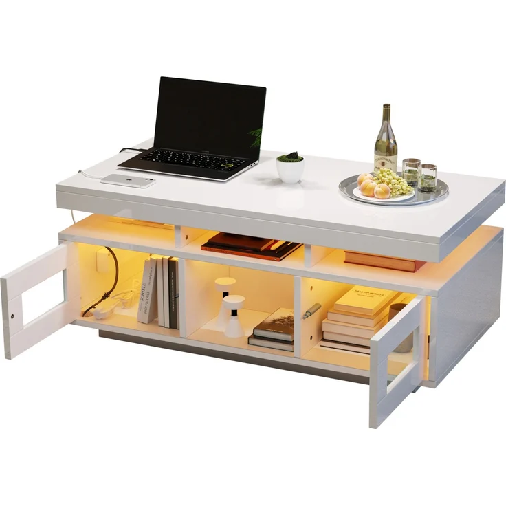 Couchtisch mit Hochglanzoberfläche, LED-Lichtstreifen & Stauraum, 100x50x43 cm, Weiß – Bild 5