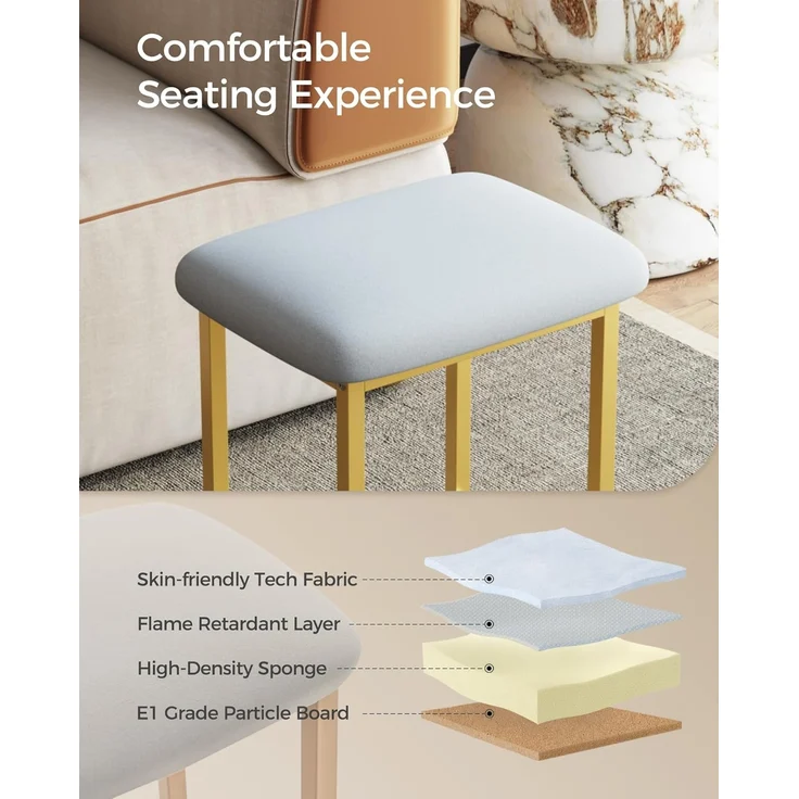 Mondeer Schminkhocker, Makeup Eitelkeit Hocker, Fußhocker Stuhl mit goldene Metallbeine, für Make-up Raum Schlafzimmer Wohnzimmer Eingang Flure, 41 × 31 × 44.5 cm, Grau+Gold – Bild 4