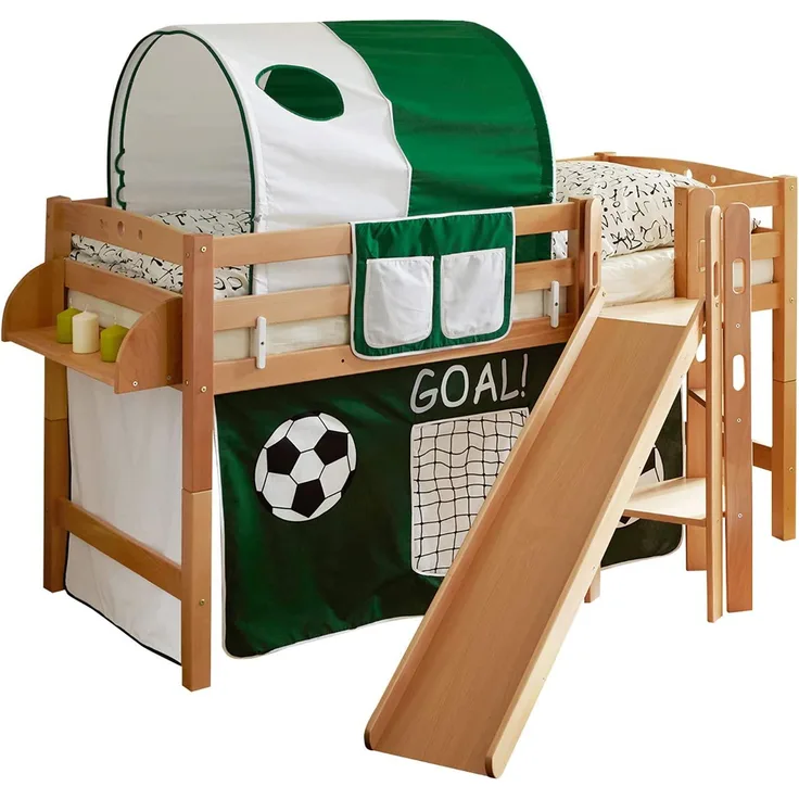 Hochbett mit Rutsche "Tino" 90x200 Buche massiv Natur