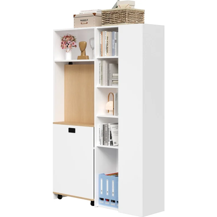 Klappbarer Schreibtisch 104,5 × 30,5 × 160 cm, 2-in-1 mit Bücherregal, EU-Steckdose & USB, 2 höhenverstellbaren Ablagen, PC-Fach, MDF, Weiß – Bild 11