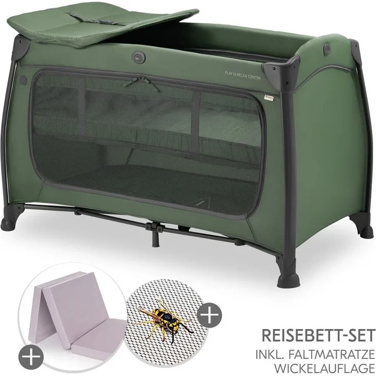 Hauck Baby-Reisebett Play'n Relax Center - Dark Green, Babyreisebett mit Matratze, Insektenschutz, Wickelauflage, Einhang
