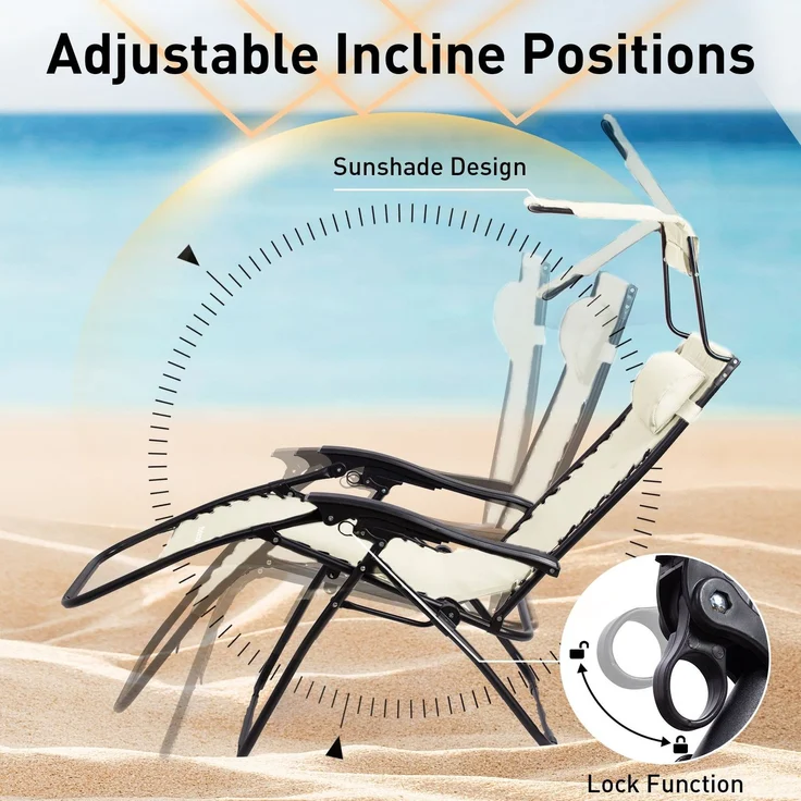 Todeco Liegestuhl klappbar mit Sonnenschutz, Sonnenstuhl mit abziehbare Kissen, Max Belastbarkeit 100kg, Strandliegestuhl leicht, Beige – Bild 5