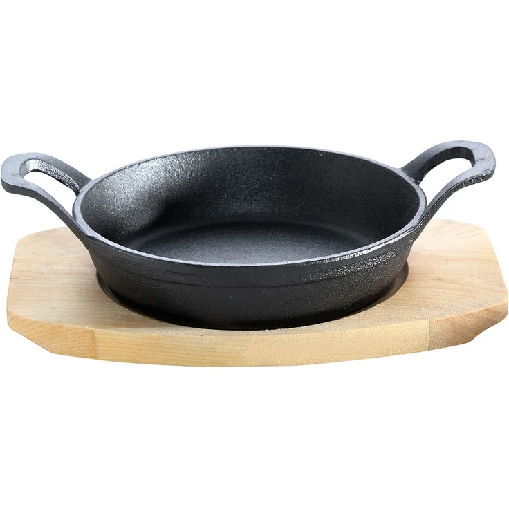 Gusseisenkuss® Pfanne mit Holzuntersetzer, Gusseisen schwarz, Ø 18 cm, Rund mit Griffen – Bild 3