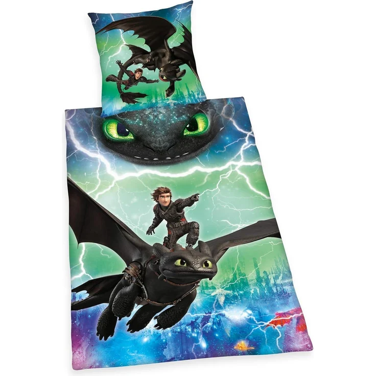 Herding DREAMWORKS DRAGONS Bettwäsche-Set, Wendemotiv, Bettbezug 140x200 cm, Kopfkissenbezug 70x90 cm, Baumwolle/Renforcé