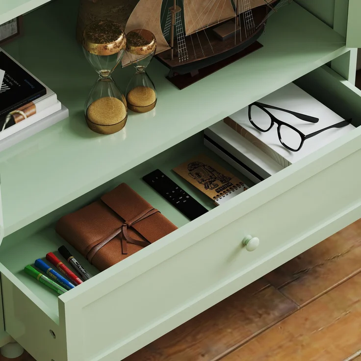 Vitrine 38 x 71 x 93 cm aus MDF mit Glastüren und Schublade in Mintgrün – Bild 9