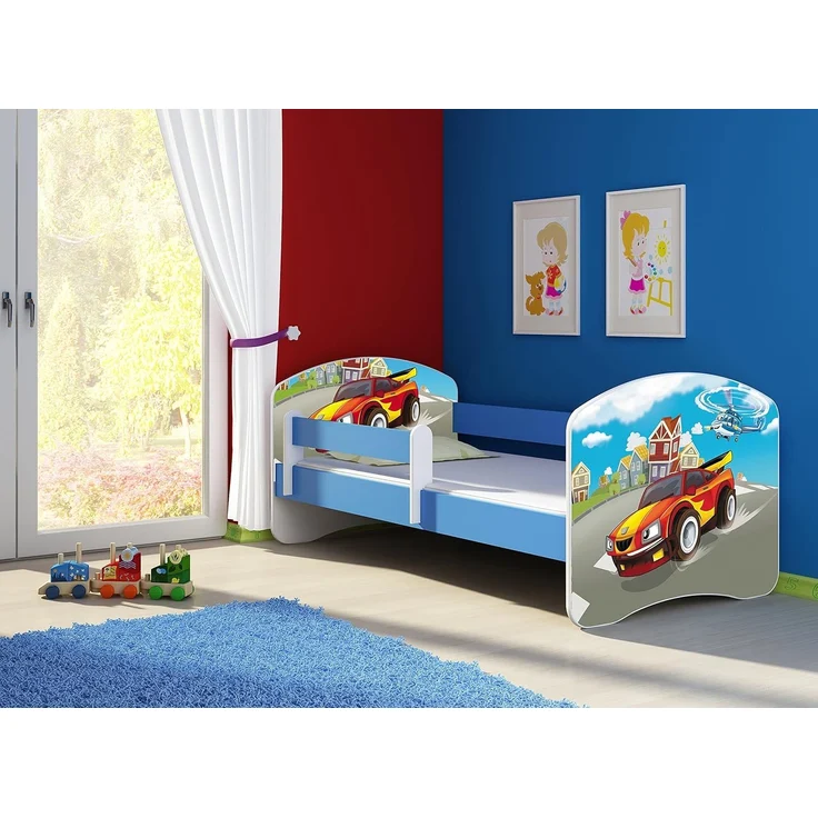 ACMA Kinderbett Jugendbett mit Einer Schublade und Matratze Blau mit Rausfallschutz Lattenrost II 140x70 160x80 180x80 (03 Racing Car, 160x80) – Bild 2