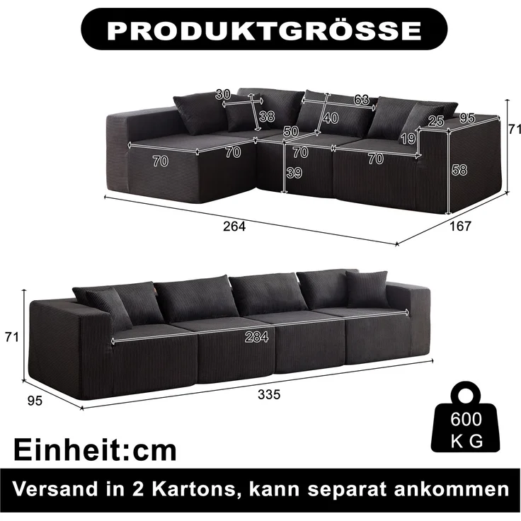 EINHOM 104-Inch Corduroy Modular L-förmig Ecksofa Sofa, Luxury Floor Sofa Set, Upholstered Indoor Furniture, Foam-Filled Compressed Sofa für Wohnzimmer, Schlafzimmer, 4 PCS Free Combination – Bild 2