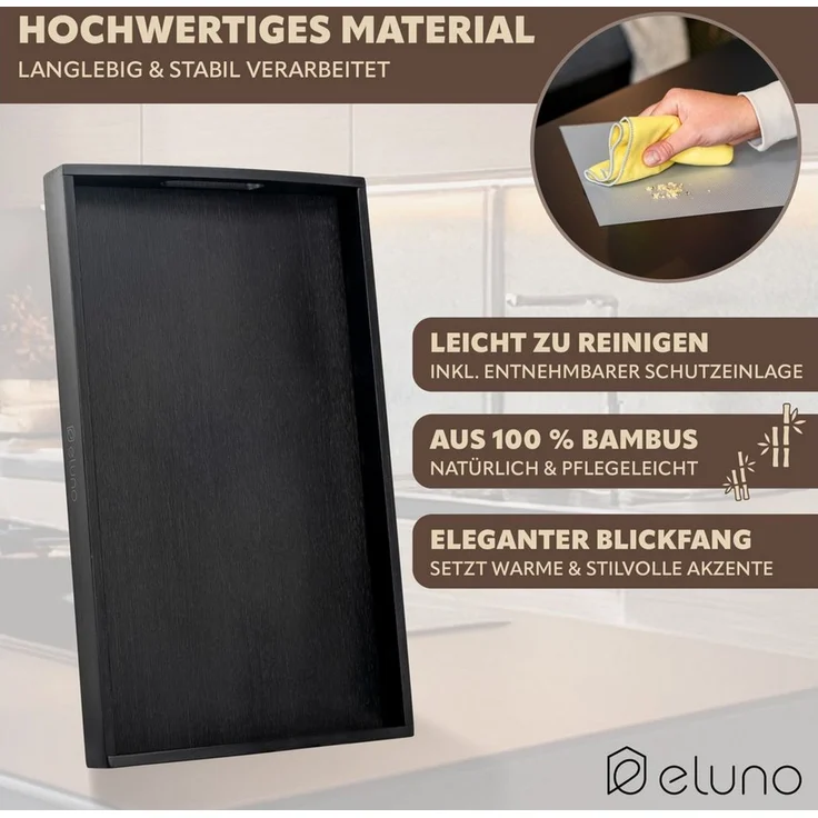 eluno Tablett Servierplatte mit seitlichen Griffen und Einlegeboden, Bambus, (1-tlg), inkl. Anti-Rutsch-Einlegeboden – Bild 3