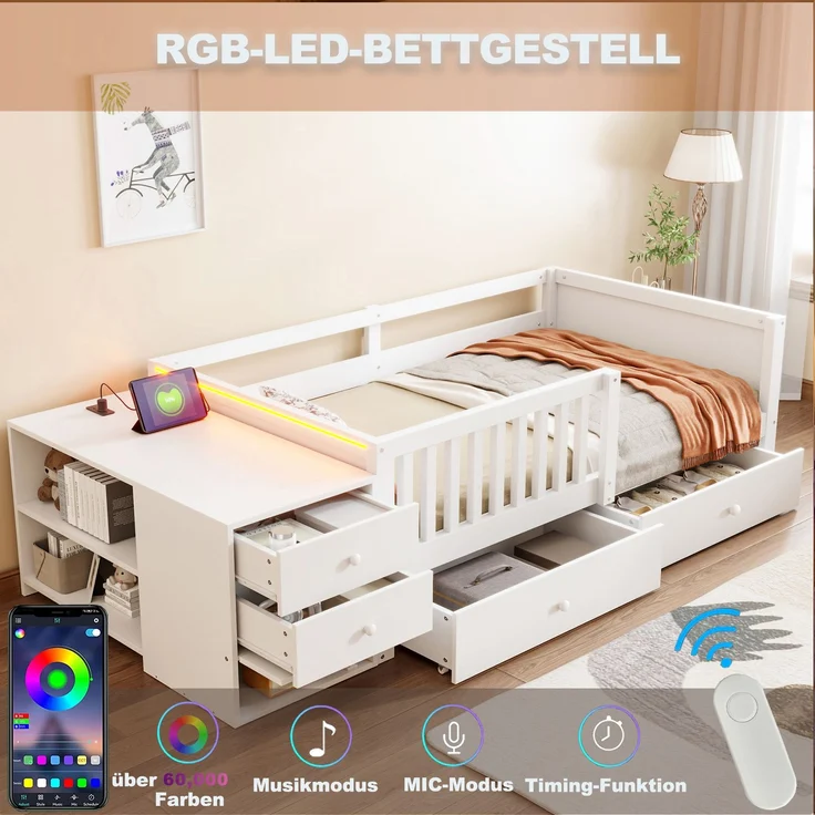 EINHOM Kinderbett 90 x 200 cm mit Separatem Stauraum, Schreibtischfunktion, Steckdose, LED-Beleuchtung, Doppelschubladen, Regalen und Halboffenem Sicherheitsgitter, Weiß (Ohne Matratze) – Bild 5