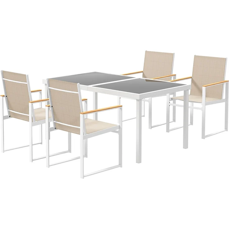 Gartenset mit rechteckigem Esstisch aus Glas und 4 Stühlen mit Armlehnen, mehrfarbig – Bild 2