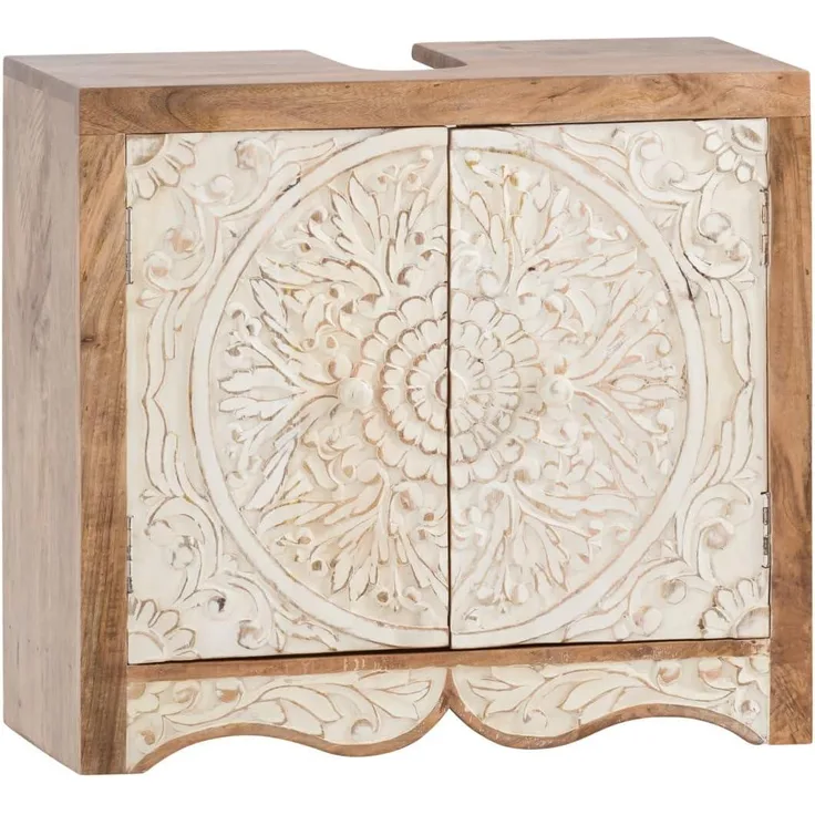 Waschbeckenunterschrank Delhi, Handgefertigt, Mangoholz, Landhaus-Stil, 67x61 cm