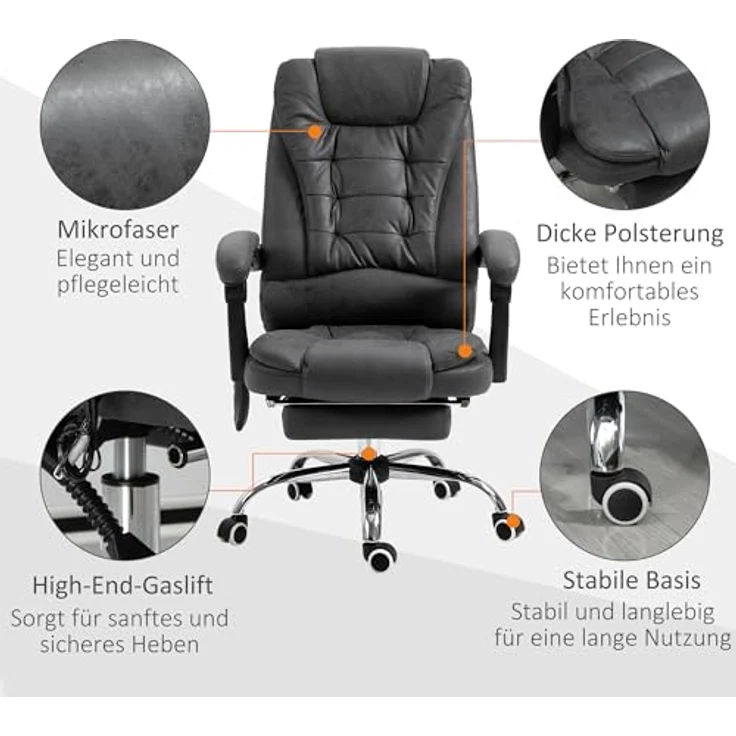 Vinsetto Schreibtischstuhl Bürostuhl mit Massagefunktion, Ergonomisch Drehstuhl mit Wärmefunktion (Computerstuhl, 1 St), höhenverstellbar, Blau – Bild 9
