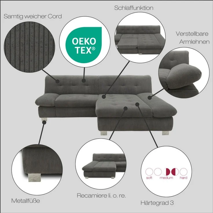 DOMO collection Ecksofa 100031 kompakte Stellmaße, komfortabel und bequem, L-Form, wahlweise mit Bettfunktion und Armteilverstellung. Breite 234 cm – Bild 2