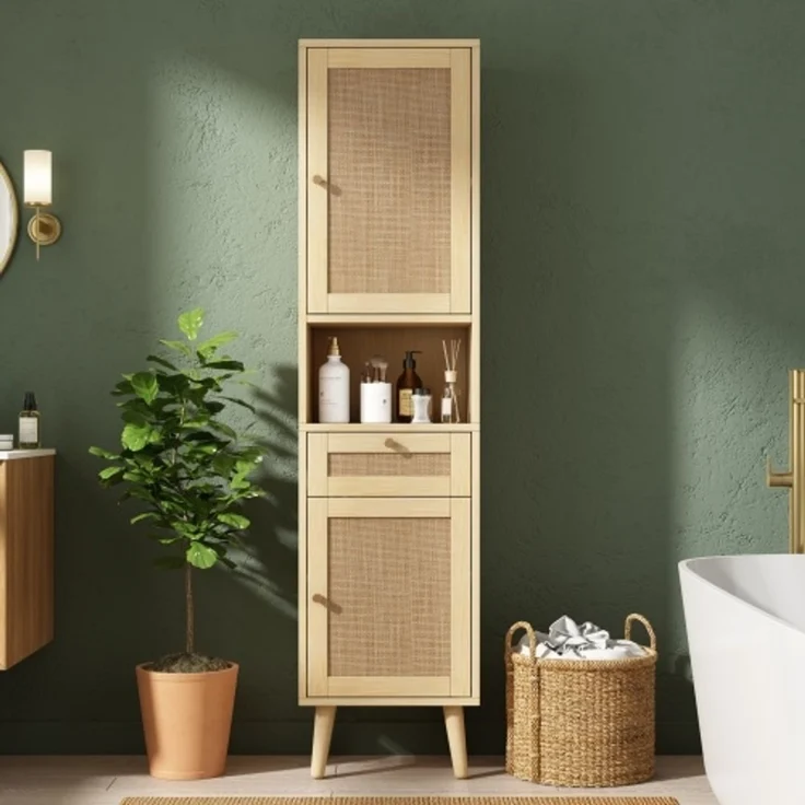Flieks Badezimmer-Hochschrank 40x30x166 cm, Badschrank aus MDF in Naturholzfarbe mit Rattan-Türen, Schublade, Soft-Close & wendbarer Montage – Bild 1