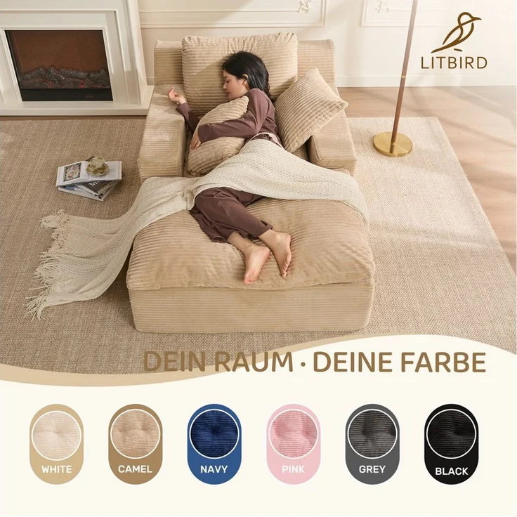 LITBIRD Chaiselongue 160 cm Loungesofa, Boneless Bodensofa & Schlafsofa mit Schlaffunktion, 1 Teile, Platzsparendes Cloud Sofa mit Armlehnen für Wohnzimmer – Bild 3