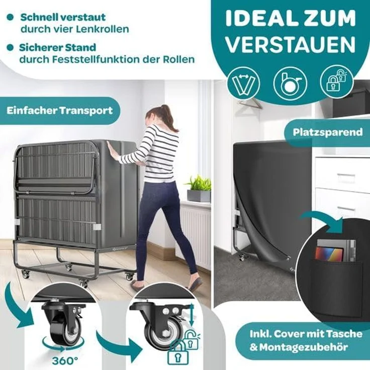 KESSER® klappbares Gästebett inkl. Matratze aus Memory-Schaum, Reisebett, belastbar bis 250kg, mit Metallrahmen, Rollen & Cover, Anthrazit, 33 x 90 x 200 cm – Bild 6