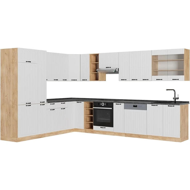 Eckküche Fame-Line Weiß Landhaus/Goldkraft Eiche 347 x 257 cm, AP Anthrazit Vicco – Bild 1