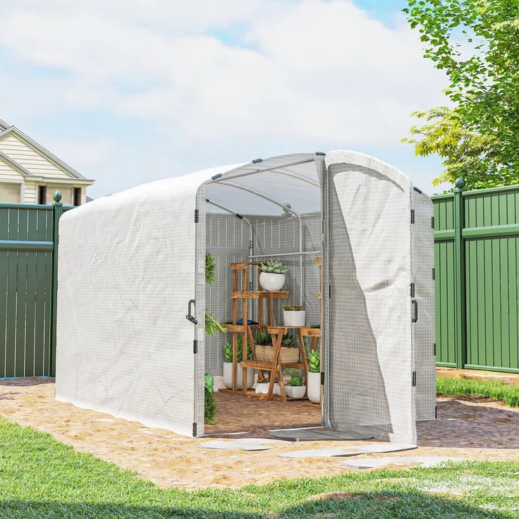 Wohnora-6 m² großes Gartentunnelgewächshaus, 300 x 200 x 195 cm, PE-Folie (220 g/m²), 50 cm breiter Rand mit Tür, weiß,H 1950cm x T 1430cm x B 2000cm – Bild 2