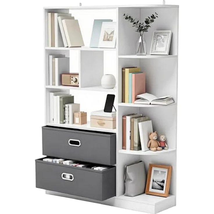 YITAHOME Freistehendes Bücherregal, Regal mit 8 offenen Regalböden und 2 Stoffschubladen, Beistellschrank für Wohnzimmer, Schlafzimmer, Büro, Weiß, 80 B × 24 T × 115 H cm – Bild 8