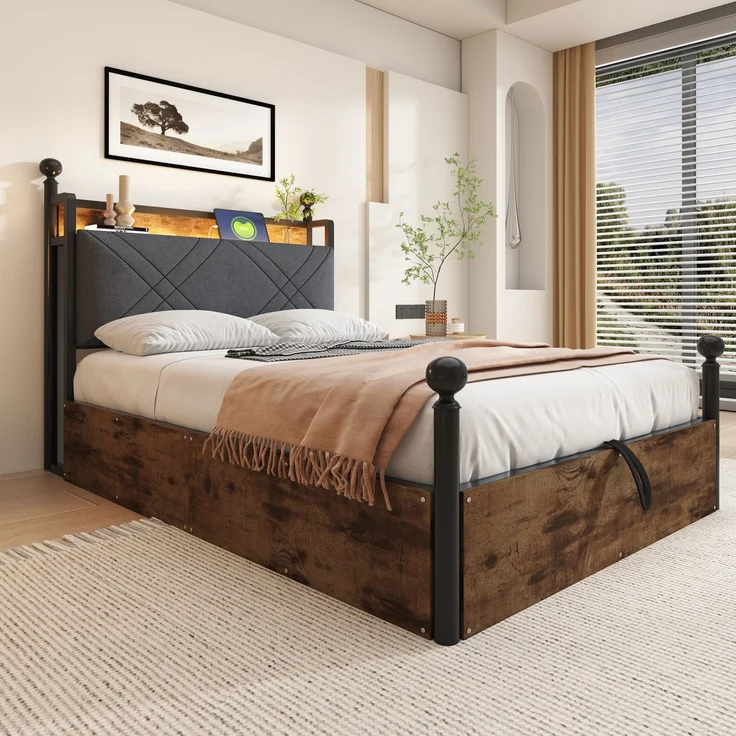 Bett 90x190 cm, Smart-Himmelbett mit hydraulischem Bettkasten, Metalll-Holz-Mix, integrierte LED & USB/Type-C,Schwarz – Bild 10