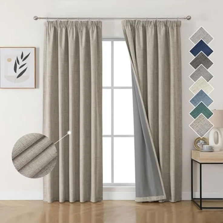 Joydeco 100% Verdunkelungsvorhänge Leinen Gardinen mit Kräuselband 2er Set H225xB140cm Leinen, Thermovorhang Kälteschutz Blickdicht Schallschutz Ideal für Wohnzimmer passt zu Schienensystemen – Bild 1