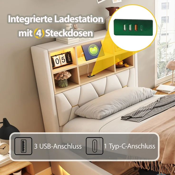 Merax Polsterbett, 90×200 cm Kinderbett, mit hydraulischem Stauraum, LED-Lichtband, USB-Ladeanschluss, Leinenpolsterung, Beige – Bild 7