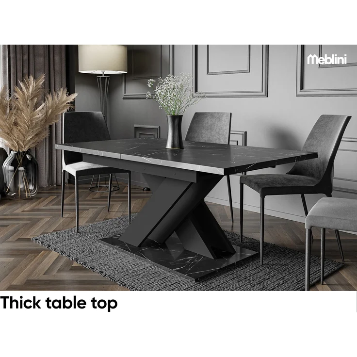 MEBLINI Esstisch Ausziehbar - 140-180x80x75cm - BRONX - Schwarz Marmor/Schwarz Matt - Esszimmertisch Modern - Küchentisch - Säulentisch - Ausziehtisch - Dining Table – Bild 3