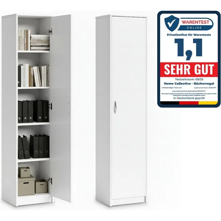 Home Collective Aktenschrank Bücherregal Kleiderschrank Regal 50 cm breit 180cm hoch Schrank (Regal Wand schmal Holz für Schlafzimmer Flur Keller Büro) Mehrzweckschrank mit 4 verstellbaren Einlegeböden Aktenschrank Weiß