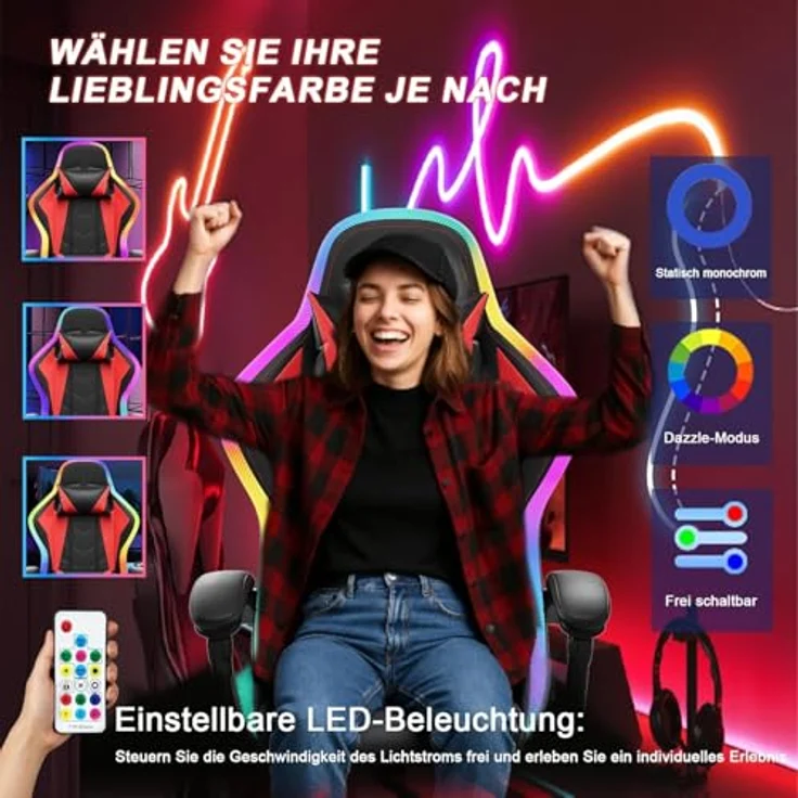 JUMMICO Gaming Stuhl mit led, Cool Racing Gamer Stuhl, Ergonomischer Bürostuhl mit Massagefunktion, Verstellbare Rückenlehne 90-135°, mit Teleskop Fußstütze, Gamingstuhl 150 kg belastbarkeit, Rot – Bild 8