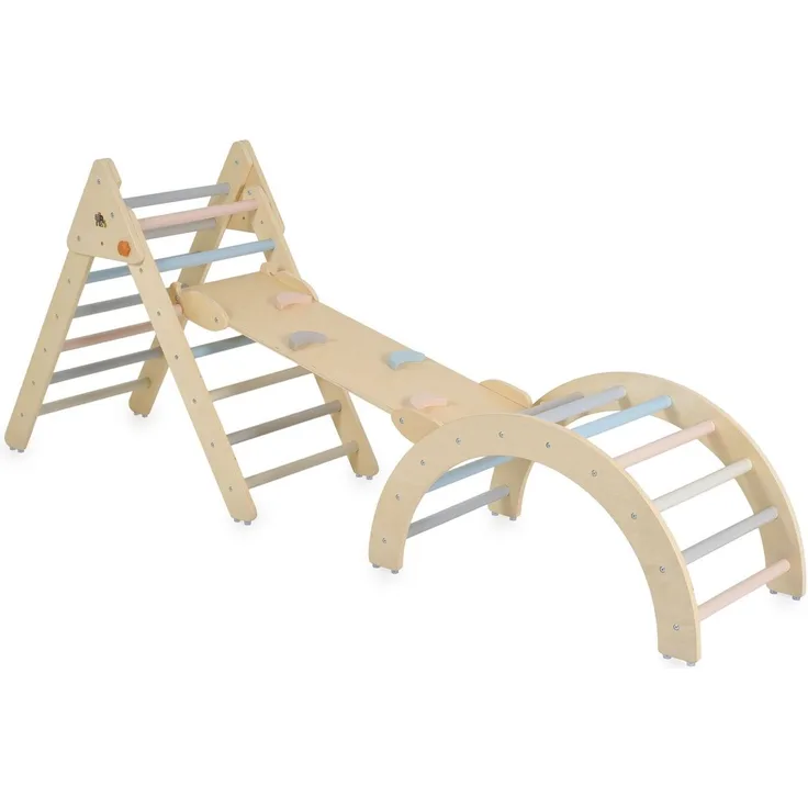Moni Spielgerät Triangel 3 in 1 Holz Rutsche Kletterrampe Kletterwand Motorik braun