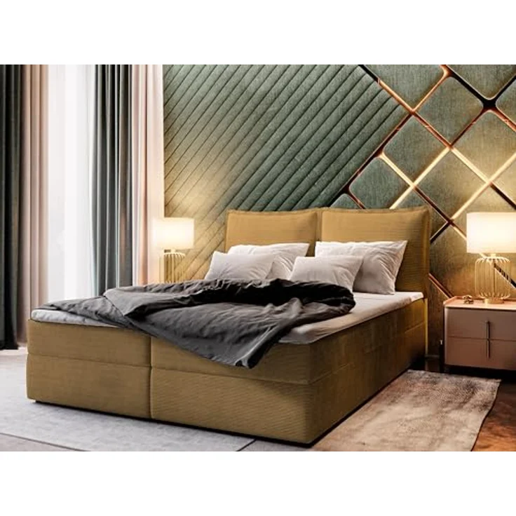 Masseno Boxspringbett LENTE 160x200 cm, Komplett-Set mit Bonell Matratze und Topper, gelb, mit großem Bettkasten – Bild 3