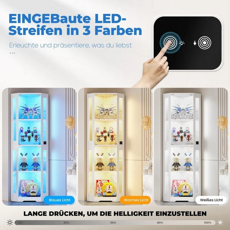 BROTTAR Eckvitrine 4-stöckiger Eckglasanzeigeschrank mit LED -Leuchten (1-St) modernes griffloses Design, 9kg Tragkraft pro Regal – Bild 4