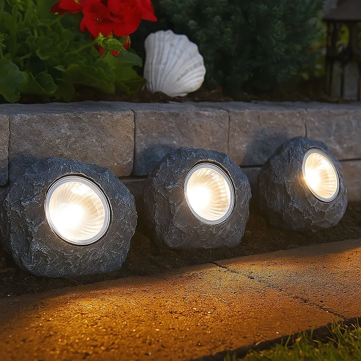 3x LED Solarleuchte Stein grau, Außendeko – Bild 2