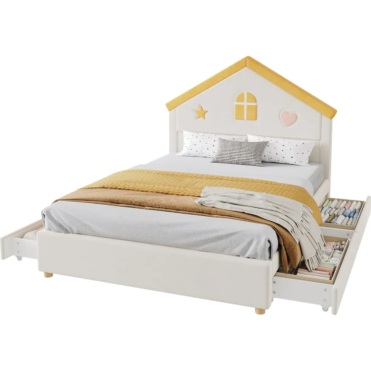 Merax Kinderbett, 140x200 cm, Polsterbett, mit 4 Schubladen, Stauraumbett, Jugendbett mit französischem Samt, gepolstertes Bett mit Haus-Kopfteil, Beige – Bild 10