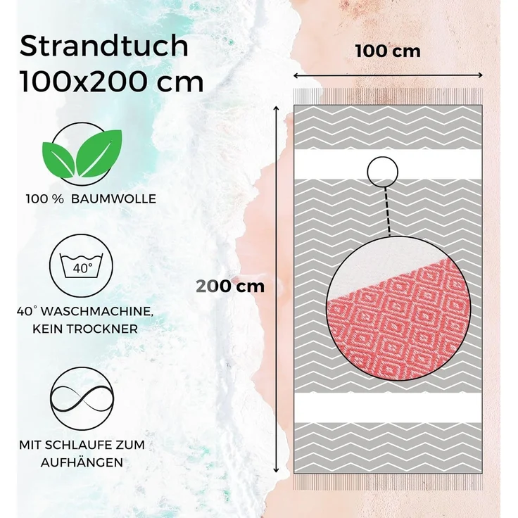 furora HOLIDAY Strandtuch groß 100x200 cm Strand Tuch, aus Baumwolle, Hamamtuch Badetuch, leicht, lang, dünn & kompakt – Bild 3