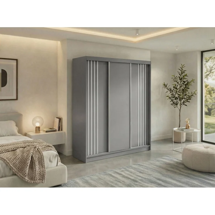 Schwebetürenschrank NAURU mit Lamellen-Optik, moderner Kleiderschrank, Breite 180 cm, inkl. Innenausstattung & Stauraum, Akustikpaneel-Design - Grau und Weiß - mit Schubladen – Bild 1