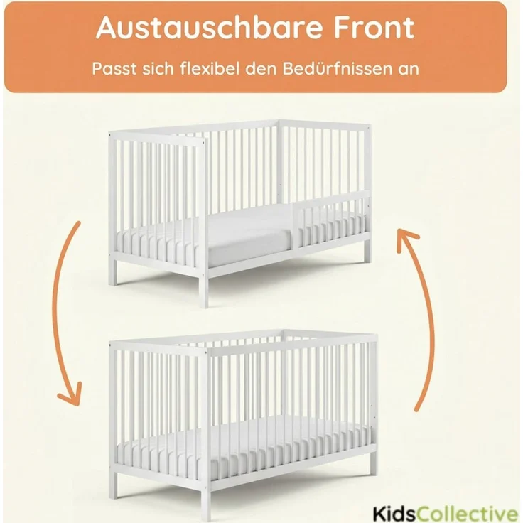 Kids Collective Babybett Kinderbett Gitterbett Baby Bett mit Rausfallschutz 60x120 70x140, stabiles Buchenholz, made in Europe 60x120 cm Weiß – Bild 4